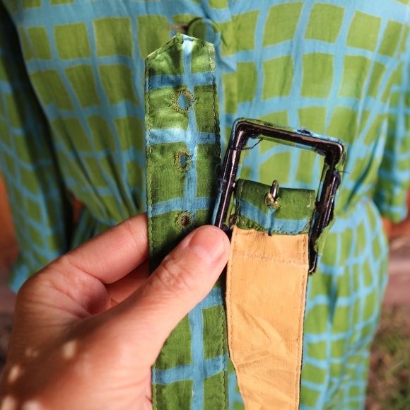 Vintage I. Magnan 100% Silk Green & Blue Geometric Square Shirt Dress - Picture 16 of 17